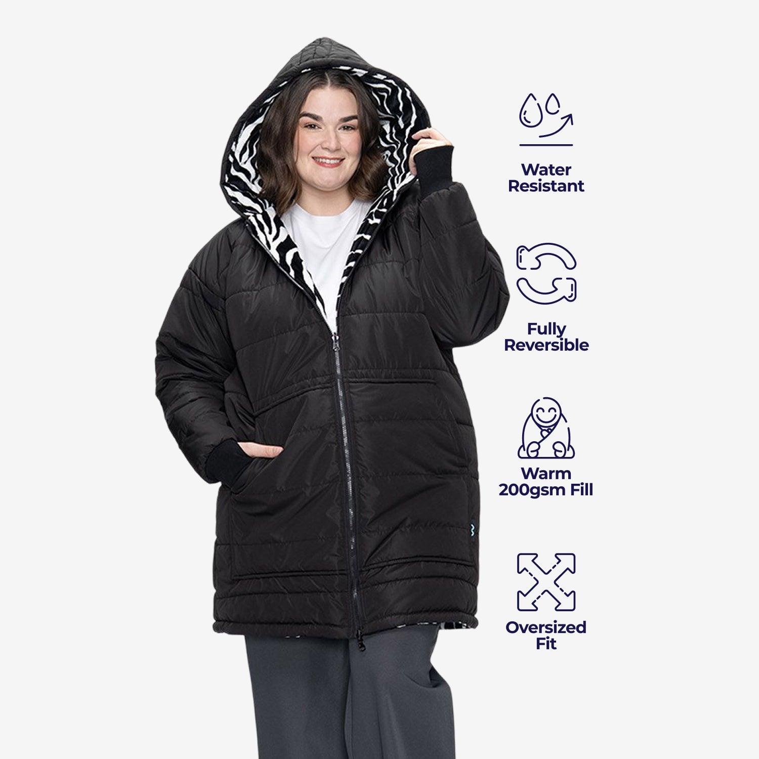 Black/Zebra Long Puffer Jacket – The Oodie NZ