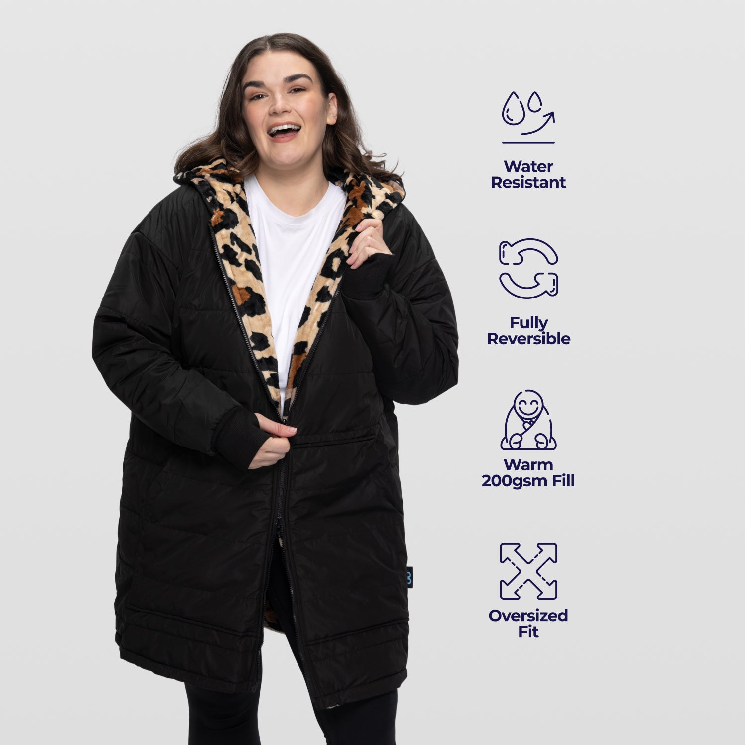 Black/Leopard Zip Long Puffer Jacket – The Oodie NZ